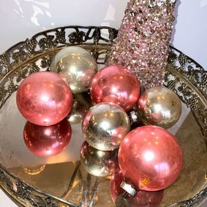 Six vintage Christmas balls; pink and silver Shiny Brite and Poland